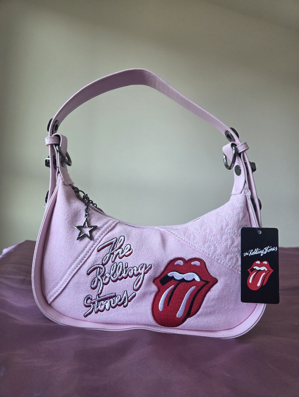 ​NWT The Rolling Stones Pink Embroidered Tongue Bag Charm Y2K Shoulder Purse